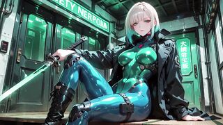 AI-generated- Cyber Agent's Intimate Night! The golden-haired siren in her neon tactical costume lounges seductively inside the high-tech command center.