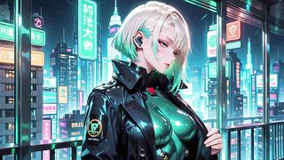 AI-generated- Cyber Agent's Intimate Night! The golden-haired siren in her neon tactical costume lounges seductively inside the high-tech command center.