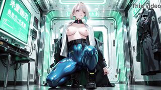 AI-generated- Cyber Agent's Intimate Night! The golden-haired siren in her neon tactical costume lounges seductively inside the high-tech command center.