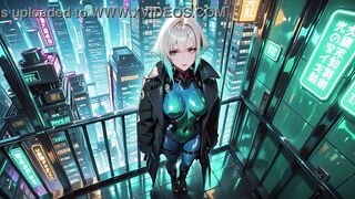 AI-generated- Cyber Agent's Intimate Night! The golden-haired siren in her neon tactical costume lounges seductively inside the high-tech command center.