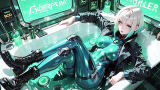 AI-generated- Cyber Agent's Intimate Night! The golden-haired siren in her neon tactical costume lounges seductively inside the high-tech command center.