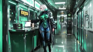AI-generated- Cyber Agent's Intimate Night! The golden-haired siren in her neon tactical costume lounges seductively inside the high-tech command center.