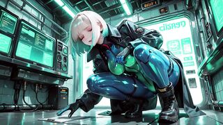 AI-generated- Cyber Agent's Intimate Night! The golden-haired siren in her neon tactical costume lounges seductively inside the high-tech command center.