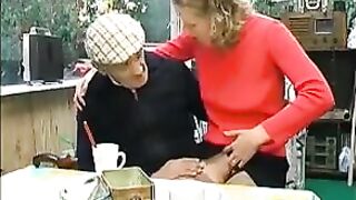 French golden-haired hard drilled in three-some with Papy Voyeur