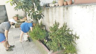 Sex with the voyeur gardener with a hotty in a short suit out of pants