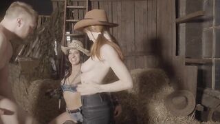 BISEX COWGIRLS BANGING AND PEGGING COWBOY IN THE STABLE