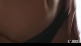 Breathtaking brunette hair in ebony silk pants disrobes down & masturbates