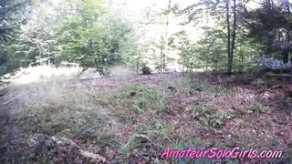 Aged chap watches beauty masturbate in the forest