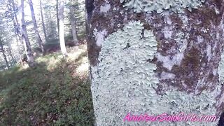 Aged chap watches beauty masturbate in the forest