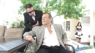 Aged brawny stud cheating on wife with hawt brunette hair maid outdoors