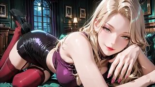 Golden-haired Bombshell in Purple Underware Shiny Ebony Petticoat Red Nylons High Heels