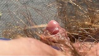 Closeup large love button rubbing hirsute Cunt climax in pants amateur