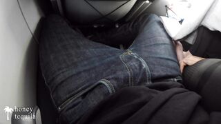 Risky public tugjob on a plane - giant jizz flow (real amateur pair)