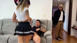 TABOO! Sexy Latin babe in a miniskirt lets her stepbrother and stepfather screw her one after the other!
