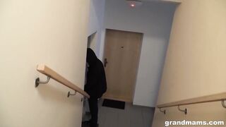 Stylish 60 Year Old Sucking on a Public Stairs