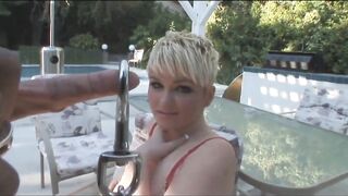 Short haired blond hottie uses large penis to enjoyment her anal