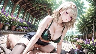 Purple-Eyed Blond Bitch goddess in Ebony Lace Underware Green Taut Mini Costume Grey Nylons High Heels