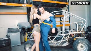 Tattooed Golden-haired Gets Drilled Hard Against Tires in Doggy