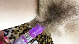 Bunny sextoy test masturbation POV closeup erected large clitoris soaked climax curly snatch