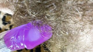 Bunny sextoy test masturbation POV closeup erected large clitoris soaked climax curly snatch