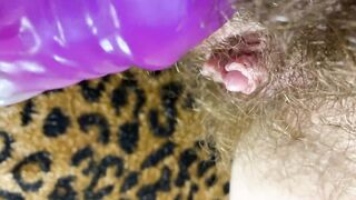 Bunny sextoy test masturbation POV closeup erected large clitoris soaked climax curly snatch