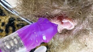 Bunny sextoy test masturbation POV closeup erected large clitoris soaked climax curly snatch