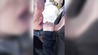 Caught giving blow job on nature with cum on melons