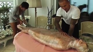 Plastic Wrapped Blond Floozy Encased and Teased Relentlessly