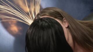 Brunette hair doxy sitting on her ally's face and let her to lick it