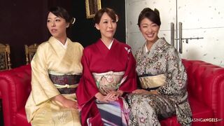 Ardent individuals of Oriental descent engage in gangbangual activities during the time that wearing traditional kimonos, culminating in prof