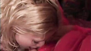 Tiny blond with a taut vagina is enticed to eat vagina on sofa by old housewife