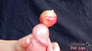 Amateur femdom blow job and sounding with lollypop, multiple ruined climax, cum play