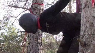 Bound up to a tree outdoor on hawt garments, wearing hose and high ankle boots heels, coarse screw