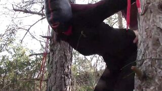 Bound up to a tree outdoor on hawt garments, wearing hose and high ankle boots heels, coarse screw
