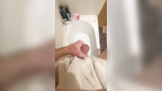 Slutty large shlong stud stroking in the baths, cumming in bathwater over feet, masturbating uncut large shlong