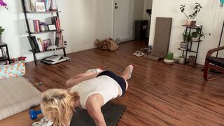 Perspired white reservoir top golden-haired fit babe ab workout