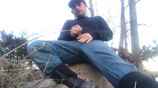 OUTDOORS: Large Wang Country Hunk Fishing and Blowing a Large Load One The River Bank
