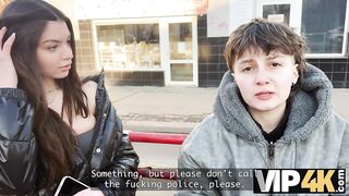 VIP4K. 2 nice-looking Lesbian babes don't mind to having a 3some with a stranger from the teach