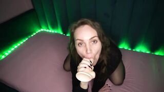 Slim mother I'd like to fuck sucks her sex toy with a deepthroat along with jelly bears