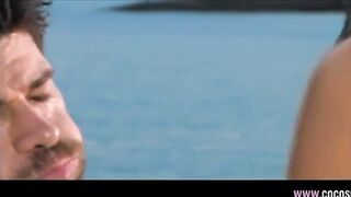 Brunette hair Rides Hard on Boat Deck Overlooking Ocean