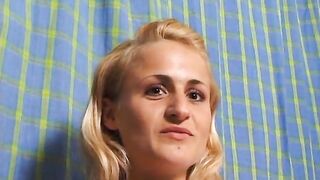 Golden-haired teen at casting showing her tiny titties