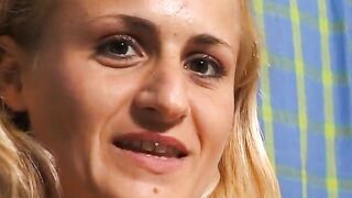 Golden-haired teen at casting showing her tiny titties