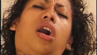 Black doxy gets her curly twat licked and pounded in couch