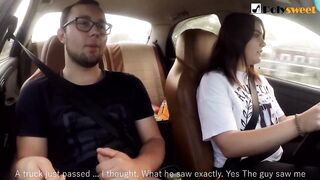 Cutie jerks off a man and masturbates herself during the time that driving