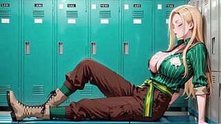 Ai - Blond Maid behind the bar, flushed in a constricted green striped uniform!