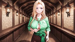 Ai - Blond Maid behind the bar, flushed in a constricted green striped uniform!