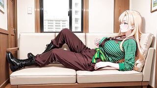Ai - Blond Maid behind the bar, flushed in a constricted green striped uniform!