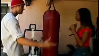 Chocolate floozy Stacey Money explains white novice-boxer who is the boss there
