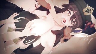 【Genshin Impact Hu Tao】group sex CG Manga Animation.(Fingering,tugjob,blow job,sex)
