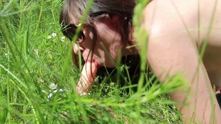 DATEZONE - Amateur brunette hair masturbates with toys in a forest clearing